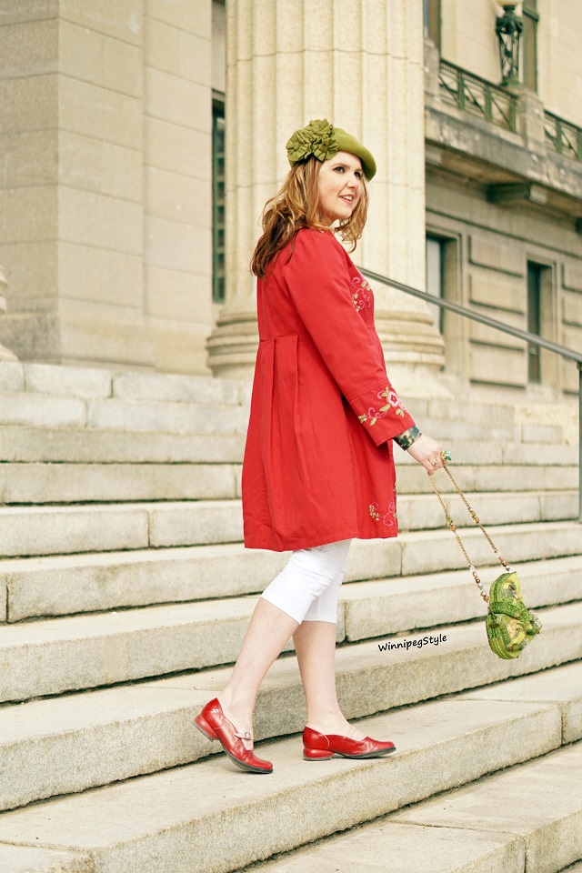 Winnipeg Style Canadian fashion stylist blog, April Cornell Spring 2019 Favorite jacket embroidered red cotton coat, vintage style, April Cornell white tapestry embroidered cropped leggings, April Cornell white crochet detail essential sleeve t-shirt, Mary Frances leap frog beaded novelty handbag purse, John Fluevog red pink LE sandra fellowship mary jane flat shoes